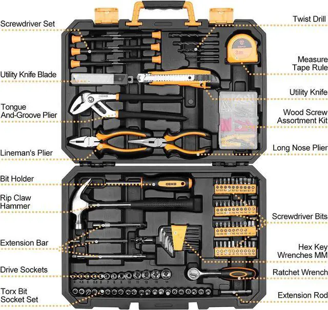 Alt view image 2 of 7 - DEKO 196 Piece Tool Set General Household Hand Tool Kit with Rip Claw Hammer,Lineman's Plier, Measure Tape Rule & Plastic Toolbox Storage Case