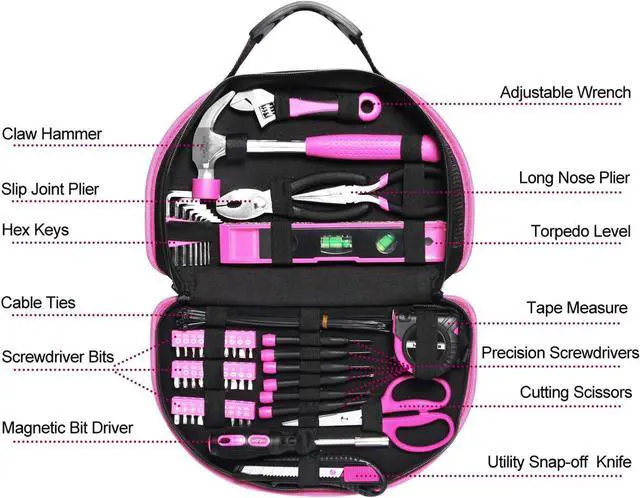 Alt view image 5 of 6 - EXCITED WORK 69-Piece Pink Tool kit, Ladies Hand Tool Set with Easy Carrying Round Pouch for DIY, Home Maintenance and Dorm Repair