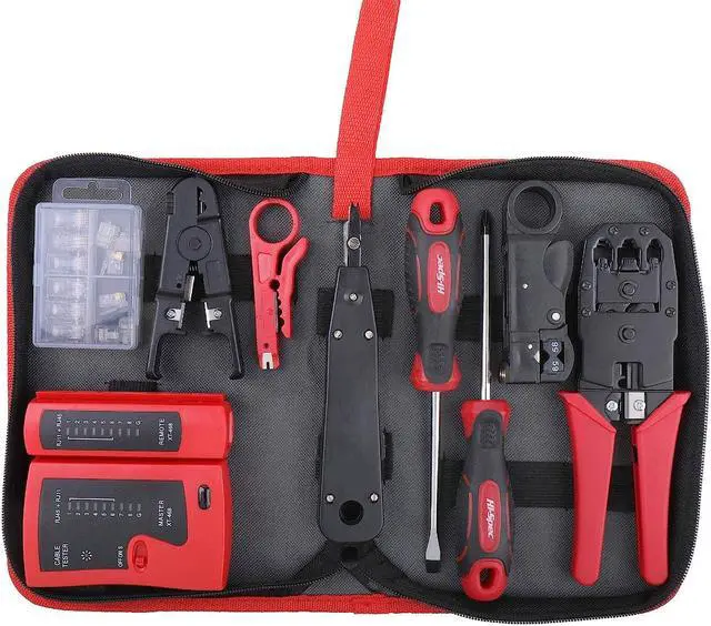 Main image of Hi-Spec 9pc Network Cable Tester Tool Kit Set for CAT5, CAT6, RJ11, RJ45. Ethernet LAN Crimper, Punchdown, Coax Stripper & More