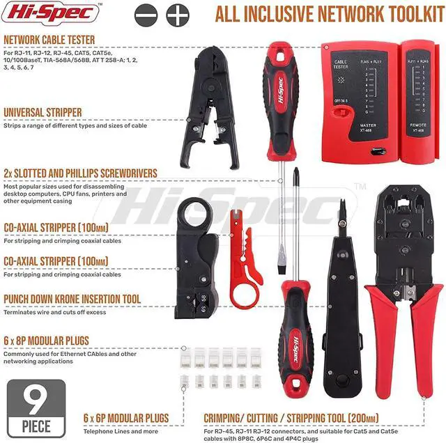Alt view image 2 of 6 - Hi-Spec 9pc Network Cable Tester Tool Kit Set for CAT5, CAT6, RJ11, RJ45. Ethernet LAN Crimper, Punchdown, Coax Stripper & More