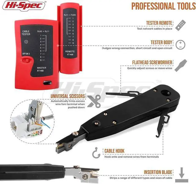 Alt view image 3 of 6 - Hi-Spec 9pc Network Cable Tester Tool Kit Set for CAT5, CAT6, RJ11, RJ45. Ethernet LAN Crimper, Punchdown, Coax Stripper & More