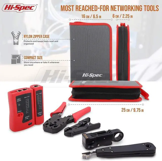 Alt view image 4 of 6 - Hi-Spec 9pc Network Cable Tester Tool Kit Set for CAT5, CAT6, RJ11, RJ45. Ethernet LAN Crimper, Punchdown, Coax Stripper & More