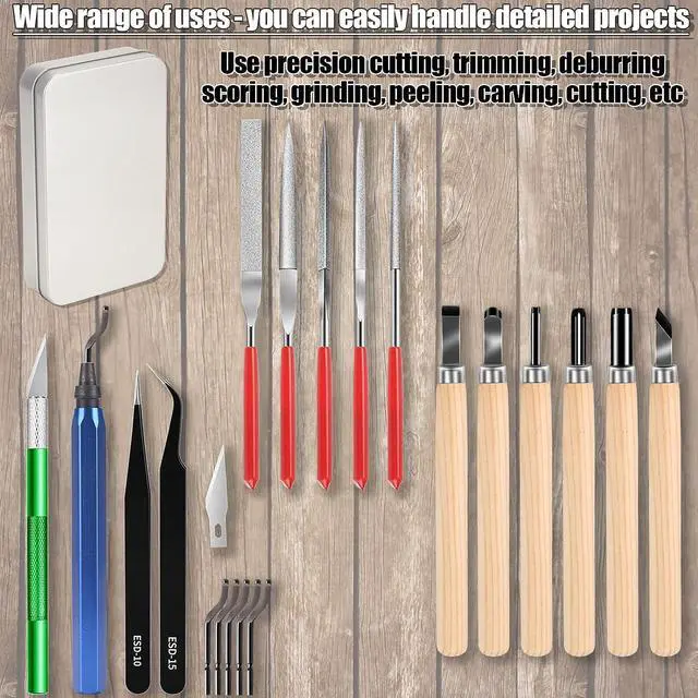 Alt view image 6 of 7 - Miluosong 25pcs Precision Hobby Craft Set 3D Printer Tool Box with Exacto Knife,hand File,Deburring Tool, Carving Knife Suitable for sanding, carving, modeling, cutting, scraping