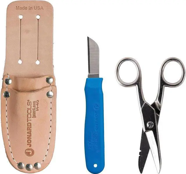 Main image of Jonard Tools TK-400 3 Piece Splicers Kit with included Splicing Knife, Electrician's Scissors, and Leather Pouch