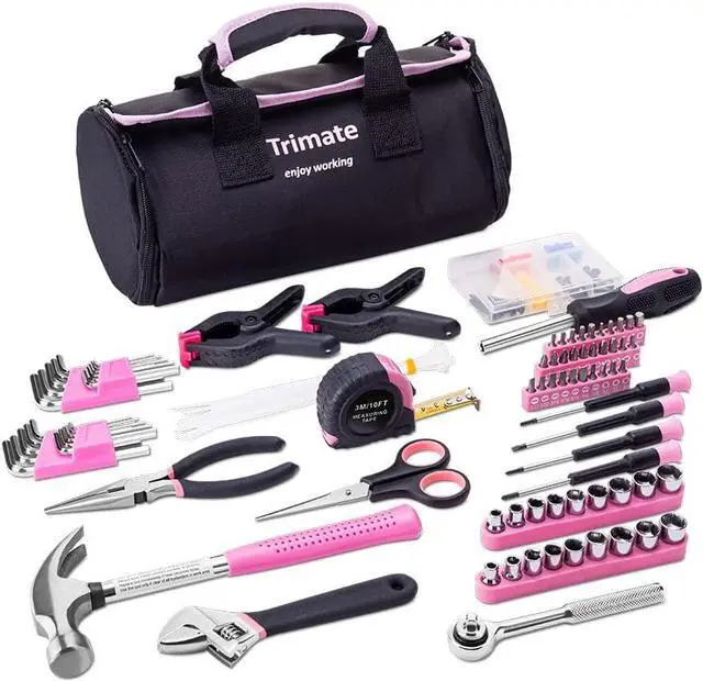 Main image of Household Hand Tools, 86 Piece Tool Set with Roll-Up Bag by Trimate, (Hammer, Wrench Set, Screwdriver Set, Pliers) - Great for The Home or Car (Pink)