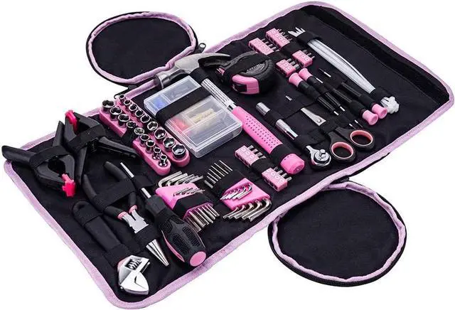 Alt view image 2 of 7 - Household Hand Tools, 86 Piece Tool Set with Roll-Up Bag by Trimate, (Hammer, Wrench Set, Screwdriver Set, Pliers) - Great for The Home or Car (Pink)
