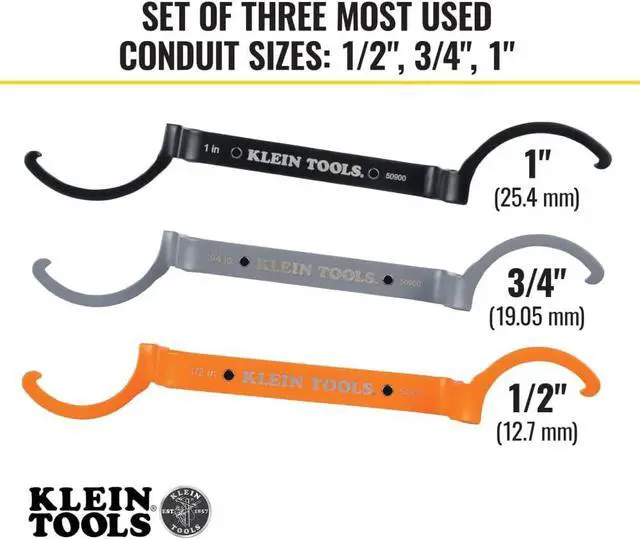 Alt view image 4 of 7 - Klein Tools 50900R Conduit Lockout Wrench Set, Tighten and Loosen Locknuts in Tight Spaces, 1/2, 3/4 and 1-Inch, Offset Bends, 3-Piece