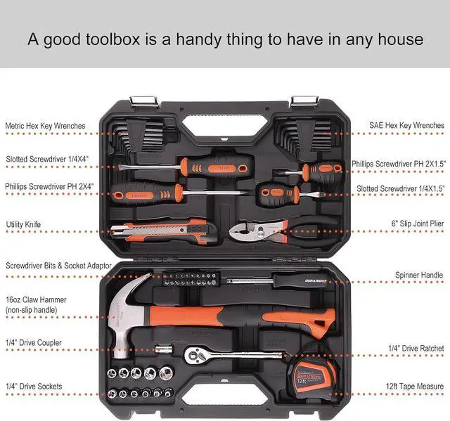 Alt view image 2 of 7 - DURAMOVE Household Tool Kit for Homeowner, 58 Piece Home/Auto Repair Hand Tool Set with Tool box, Mixed Tool Set for man,women,father,handyman