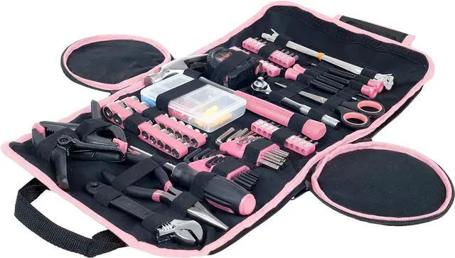 Main image of Household Hand Tools, 86 Piece Tool Set With Roll-Up Bag by Stalwart, (Hammer, Wrench Set, Screwdriver Set, Pliers) - Great for the Home or Car - Pink