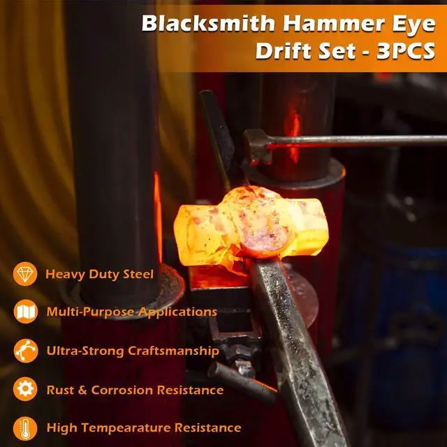 Alt view image 2 of 7 - Blacksmith Drift Kit Blacksmith Hammer Eye Drift Tool Set Includes Knifemakers Tomahawk, Large Hammer and Mouse Axe Drift, Blacksmith Forging Tools, 3PCS