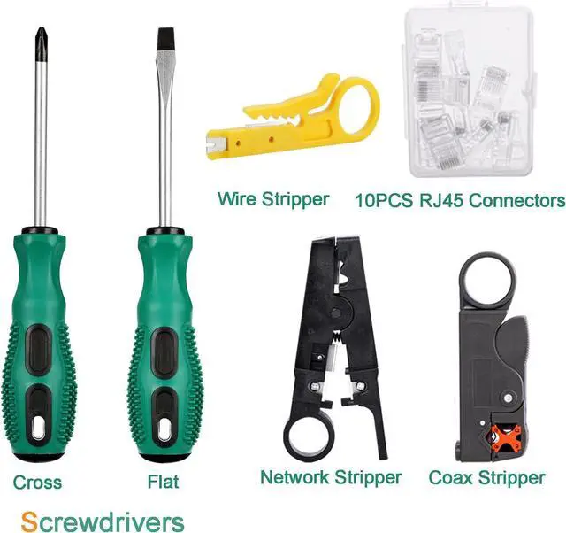 Alt view image 7 of 7 - Network Tool Kit Professional Network Maintenance LAN Cable Tester, RJ45 Crimper 9 in 1 Repair Tools RJ45 Crimp Tool, 8P8C RJ45 Connectors, Cable Tester, Screwdriver, Stripping Pliers