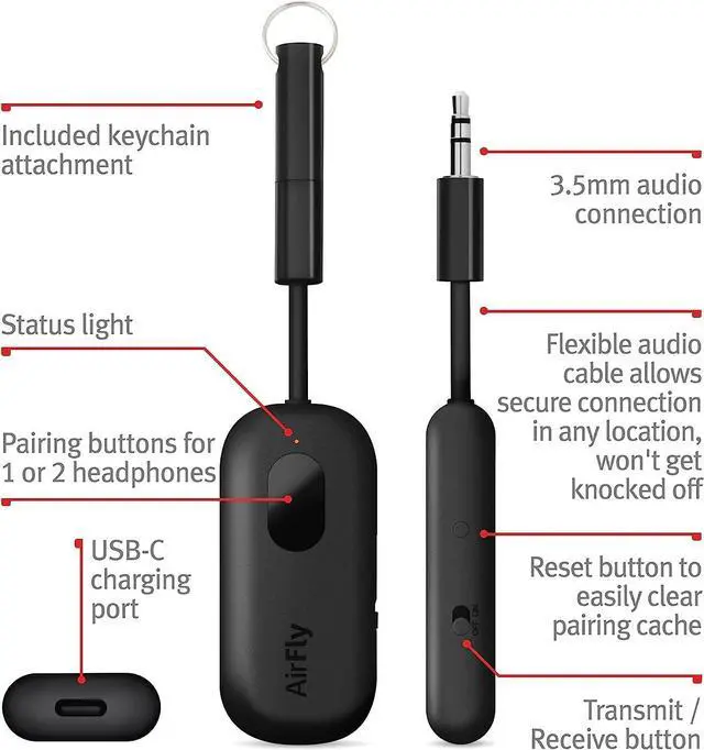 Alt view image 4 of 7 - Twelve South AirFly Pro Bluetooth Wireless Audio Transmitter/Receiver for up to 2 AirPods/Wireless Headphones; Use with Any 3.5 mm Audio Jack, Black