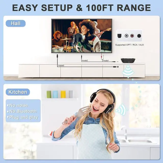 Alt view image 4 of 7 - Daysnew Wireless Headphones for TV with 2.4G RF Transmitter charging Dock, 100FT Range, Plug and Play, High Volume TV headphones wireless for seniors, 20Hrs Playtime, No Delay, Support Optical/RCA/AUX