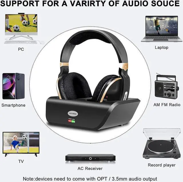 Alt view image 6 of 7 - Daysnew Wireless Headphones for TV with 2.4G RF Transmitter charging Dock, 100FT Range, Plug and Play, High Volume TV headphones wireless for seniors, 20Hrs Playtime, No Delay, Support Optical/RCA/AUX
