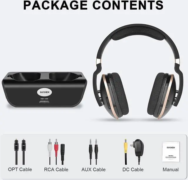 Alt view image 7 of 7 - Daysnew Wireless Headphones for TV with 2.4G RF Transmitter charging Dock, 100FT Range, Plug and Play, High Volume TV headphones wireless for seniors, 20Hrs Playtime, No Delay, Support Optical/RCA/AUX