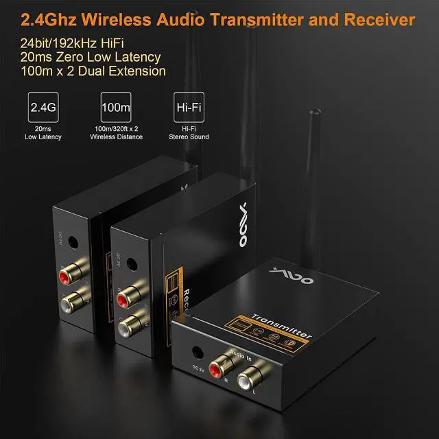 Alt view image 2 of 7 - YMOO 3 in 1 2.4Ghz Wireless Audio Transmitter and Receiver,2 Receivers for Two Speakers,20ms Ultra Low Latency,192kHz/24bit HiFi,320ft Range RCA Jack Wireless Adapter for Active Subwoofer/Speaker
