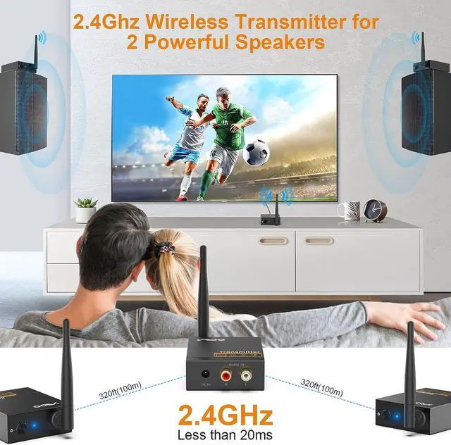 Alt view image 3 of 7 - YMOO 3 in 1 2.4Ghz Wireless Audio Transmitter and Receiver,2 Receivers for Two Speakers,20ms Ultra Low Latency,192kHz/24bit HiFi,320ft Range RCA Jack Wireless Adapter for Active Subwoofer/Speaker
