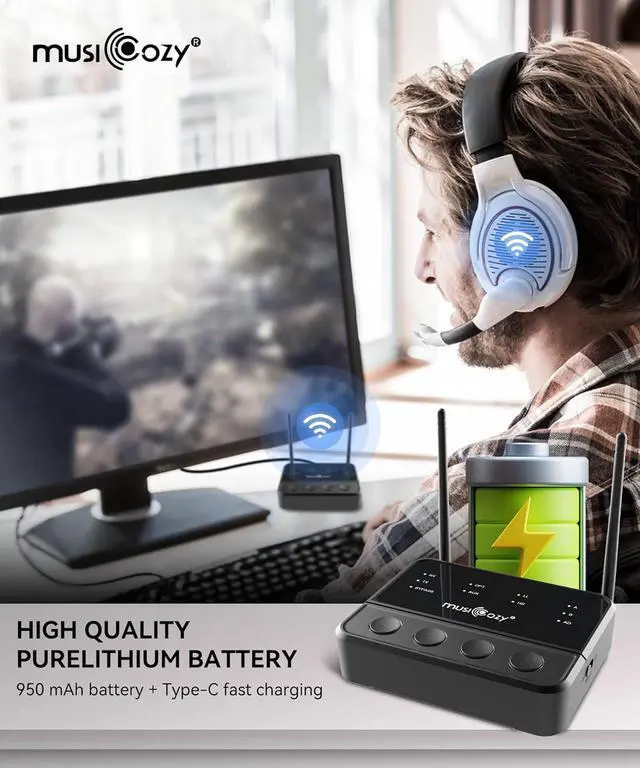 Alt view image 6 of 7 - Bluetooth 5.2 Transmitter Receiver for TV/BT Headphones, Wireless Bluetooth Receiver Audio Adapter for Home Stereo/Speakers/Headphones/MP3, Stereo Receivers, Built in Battery Audio Adapter
