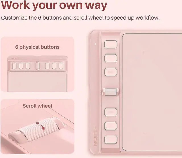 Alt view image 3 of 7 - 2023 HUION Inspiroy 2 Small Drawing Tablet with Scroll Wheel 6 Customized Keys Battery-Free Stylus for Digital Art, Design, Sketch, 6x4inch Graphics Tablet Works with Mac, PC & Mobile, Pink