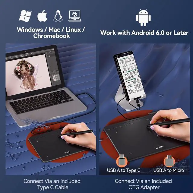 Alt view image 5 of 7 - Graphics Drawing Tablet, UGEE S640 Digital Drawing Pad with 10 Hot Keys, 6.5x4 inch Pen Tablet with 8192 Levels Battery-Free Stylus Support Android/Windows/Mac OS/Chrome OS/Linux
