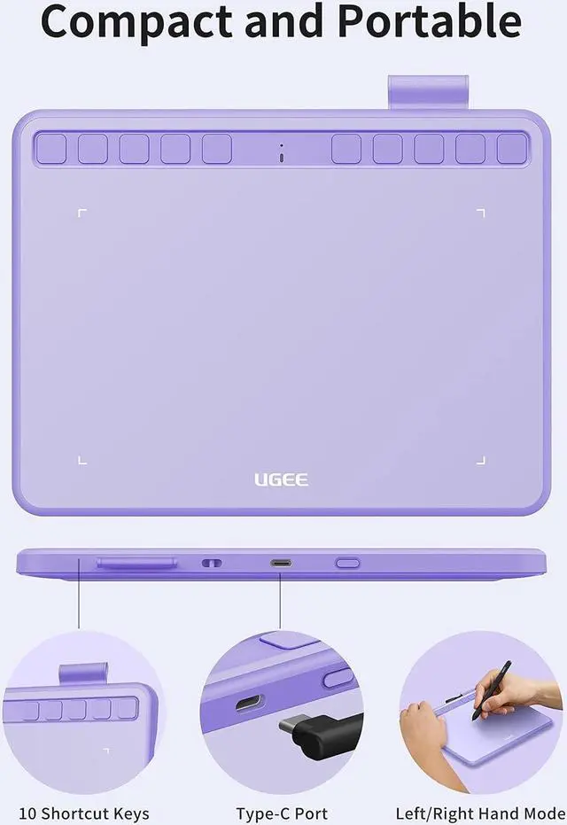Alt view image 6 of 7 - Ugee Drawing Tablet 6.5x4 Inches Computer Graphics Tablets with 10 Hot KeysDigital Tablet Battery-Free Stylus 8192 Pressure Sensitivity 60°Tilt Function Drawing Pad for PC,Mac,Windows,Android-Purple