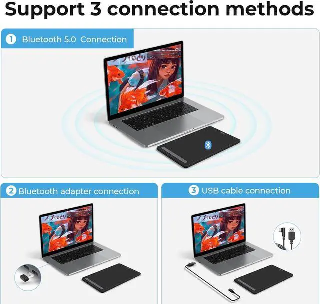 Alt view image 2 of 7 - Drawing Tablet Deco MW Bluetooth Wireless Computer Graphics Tablet, Battery-Free X3 Stylus and 8 Shortcut Keys, Compatible with Chrome OS, Windows 7/8/10/11, Linux, Mac, Android (8x5 in, Black)