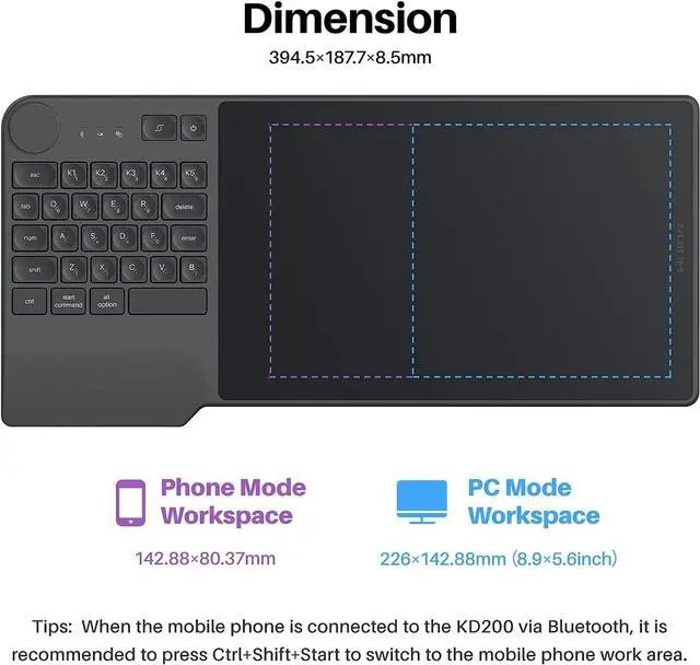 Alt view image 6 of 7 - Wireless Drawing Tablet HUION Inspiroy Keydial KD200 Bluetooth Graphic Tablet with Keyboard Dial 5 Customized Express Keys Battery-Free Pen, 8.9x5.6 inch Art Tablet Compatible with Windows,Mac,Android