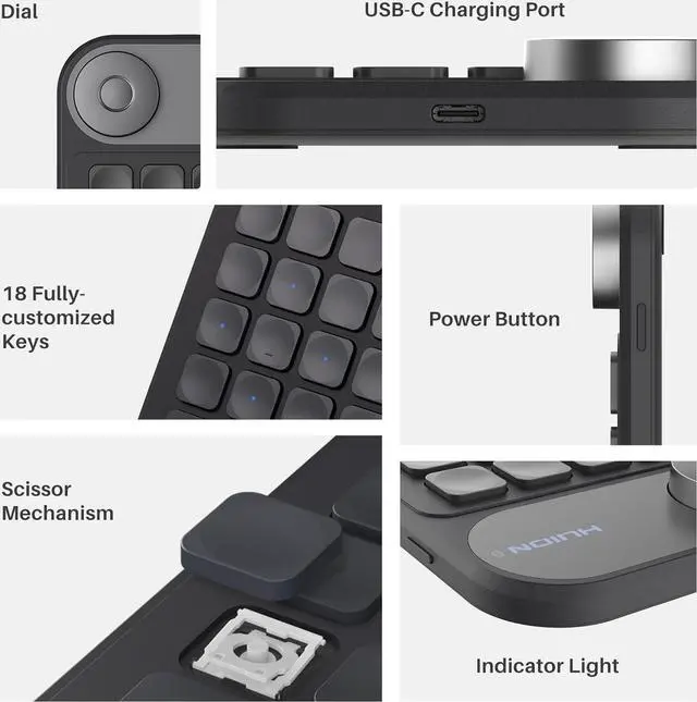 Alt view image 2 of 7 - HUION Keydial Mini Bluetooth Programmable Keypad with Dial 5 Keys Anti-ghosting 18 Customized Keys, Wireless Shortcut Keyboard for Drawing Tablet, PC, MacBook, Surface Pro, Laptops