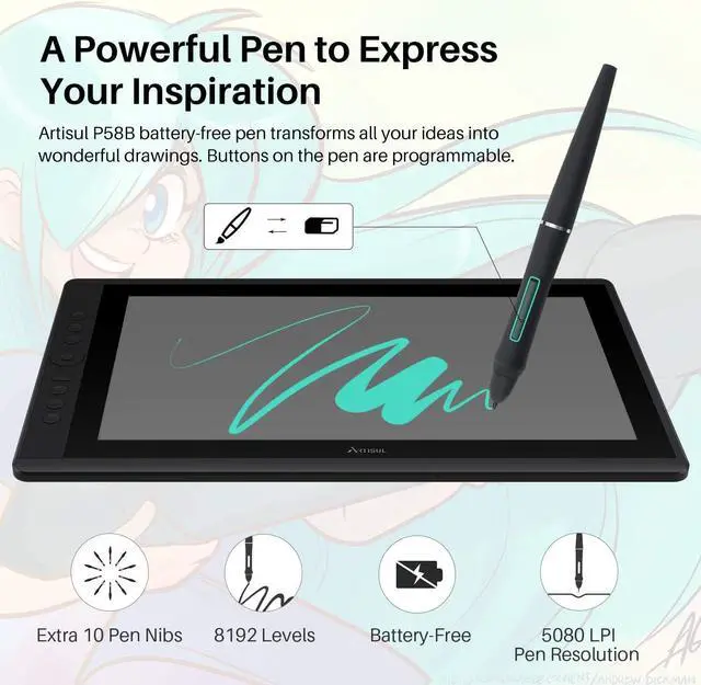 Alt view image 2 of 7 - Artisul D16 15.6 Inch Drawing Tablet with Screen IPS Graphics Drawing Monitor Full Laminated Pen Display Battery-Free Stylus 8192 Levels Pressure Sensitive 7 Shortcut Keys A Dial for Windows, Mac