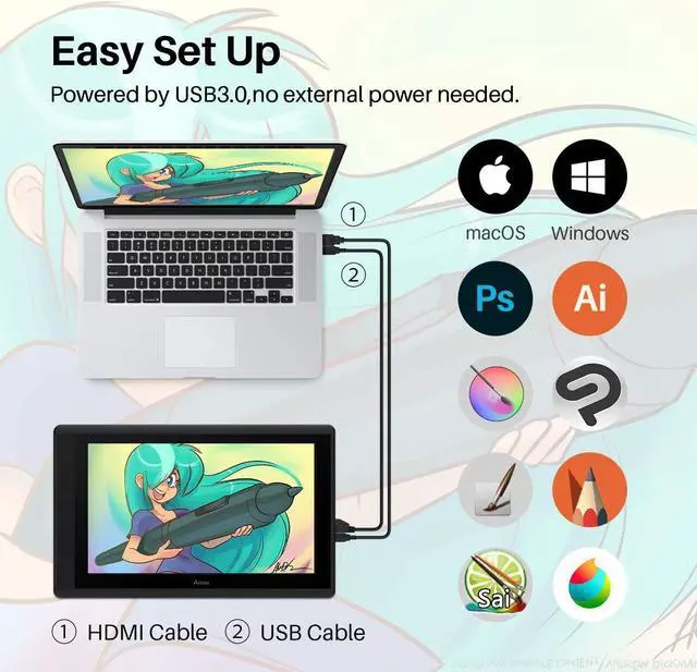 Alt view image 3 of 7 - Artisul D16 15.6 Inch Drawing Tablet with Screen IPS Graphics Drawing Monitor Full Laminated Pen Display Battery-Free Stylus 8192 Levels Pressure Sensitive 7 Shortcut Keys A Dial for Windows, Mac