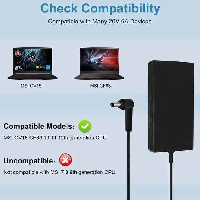 Alt view image 2 of 7 - 120W Charger for msi Laptop Charger msi gf63 gv15 GV15-Thin-11SC GF63 Thin 10 11 12Th Intel core Laptop ms-16r5 ms-16r6 ms-16r7 adp-120vh d a17-120p2a