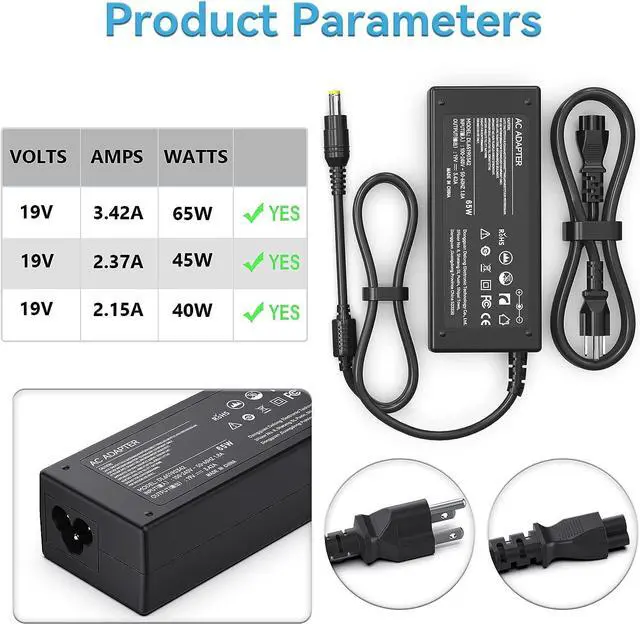 Alt view image 3 of 6 - 19V 3.42A 65W AC Laptop Charger for Acer Aspire 5 E15 E1 F15 ES1 E5-574 E5-575 E5-575-33BM A515-43-R19L Aspire 7560 5517 5253 5750 5250 5349 5552 5733 5532 Adapter Supply Cord