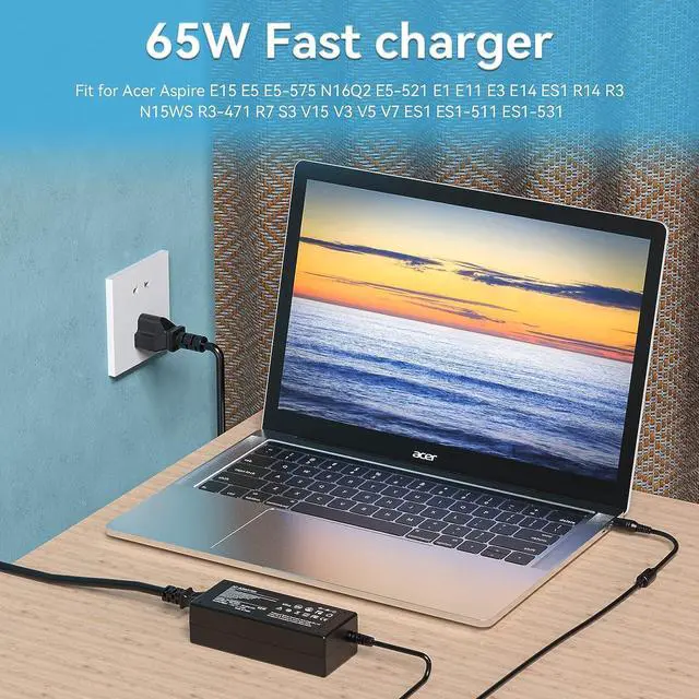 Alt view image 6 of 6 - 19V 3.42A 65W AC Laptop Charger for Acer Aspire 5 E15 E1 F15 ES1 E5-574 E5-575 E5-575-33BM A515-43-R19L Aspire 7560 5517 5253 5750 5250 5349 5552 5733 5532 Adapter Supply Cord