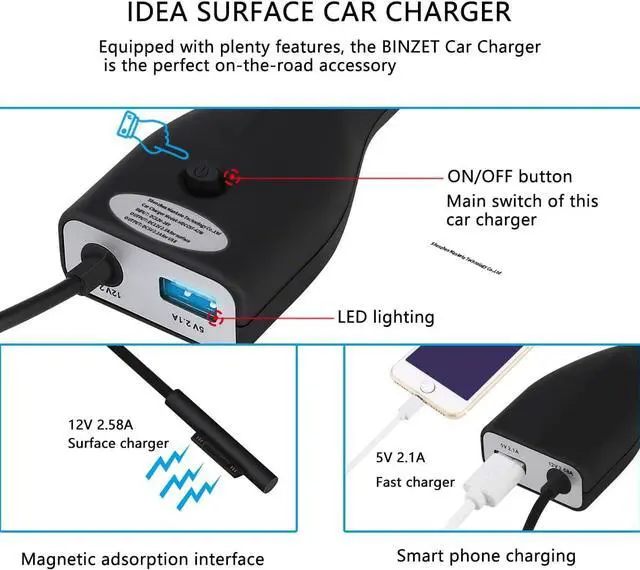 Alt view image 2 of 7 - Surface Car Charger, 42W 12V 2.58A Power Supply for Microsoft Surface Pro 3/Pro 4/Pro 5/Pro 6, Surface Book, Surface Go, Surface Laptop with 5V 2.1A USB Charging Port (5Ft Cord)