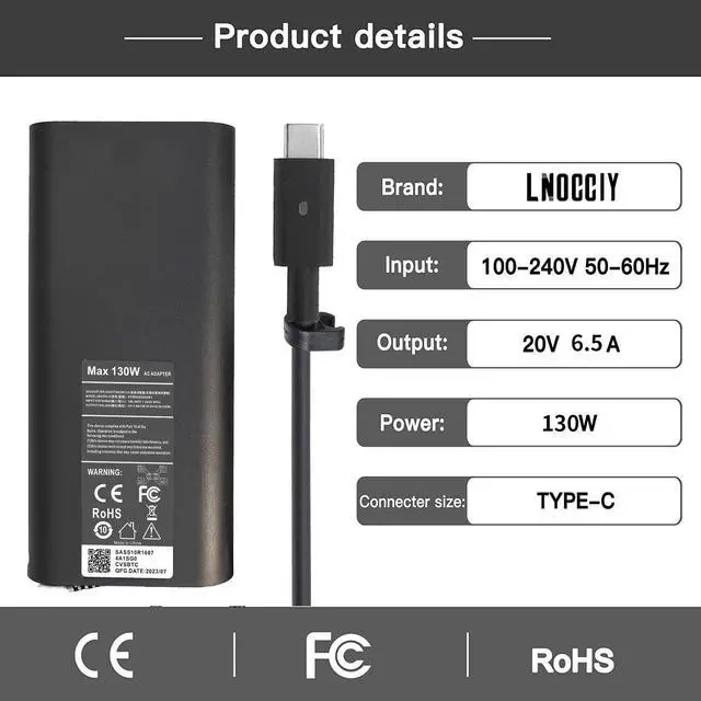 Alt view image 2 of 5 - 130W USB C Laptop Charger for DELL XPS 15 9575 2-in-1 XPS 15 9500 17 9700 Latitude 5310 5320 7410 7310 7210 9410 Precision 5550 5750 5530 Yoga 910 Type C Power Adapter