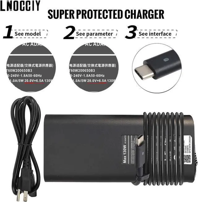 Alt view image 3 of 5 - 130W USB C Laptop Charger for DELL XPS 15 9575 2-in-1 XPS 15 9500 17 9700 Latitude 5310 5320 7410 7310 7210 9410 Precision 5550 5750 5530 Yoga 910 Type C Power Adapter