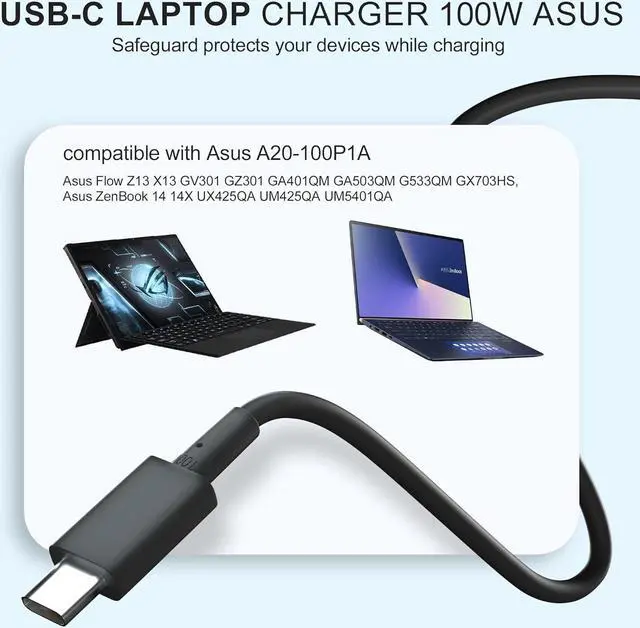 Alt view image 6 of 7 - 100W USB-C Laptop Charger for Asus - Fit for ASUS ROG A20-100P1A, Flow Z13 X13, 100W PD Fast Charging for Asus ROG Flow Acer HP Lenovo ThinkPad MacBook Type C Adapter, Fit for 90W 65W 45W 27W 15W