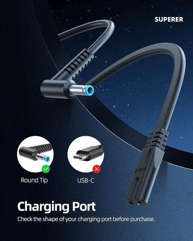 Alt view image 3 of 7 - Blue Tip 65W Charger Fit for HP Zbook Firefly 14-G7 15-G7 14-G8 15-G8 15.6-G8 inch Laptop Power Supply Cord