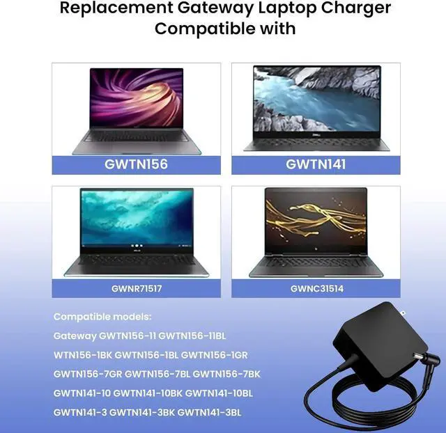 Alt view image 3 of 7 - 65W Laptop Charger for Gateway GWTN156 GWTN156-1bl GWTN156-5 GWTN156-4 GWTN141-2 GWTN141-4bk GWNR71517-bl GWTN156-7 GWTN156-7gr GWTN156-7bl GWNC31514-BK TYPE60-190-31501U Gateway AC Adapter Power Cord
