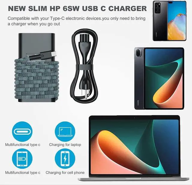 Alt view image 6 of 7 - New Slim HP 65W USB C Laptop Charger Power Adapter Compatible with HP Spectre X360,Spectre,Elitebook x360,Elitebook,Chromebook,Elite x2,Envy,ProBook Travel Type C Power Cord Supply