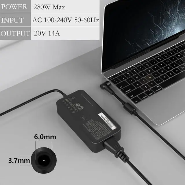Alt view image 3 of 7 - 280W AC Charger for ASUS ROG Strix Scar 15 17 G532 G732 G732LWS Strix G15 G17 G513R G713R ASUS ROG G703GX ROG Zephyrus S17 GX703HM GX703HR ADP-280BB B Laptop Power Supply Adapter Cord