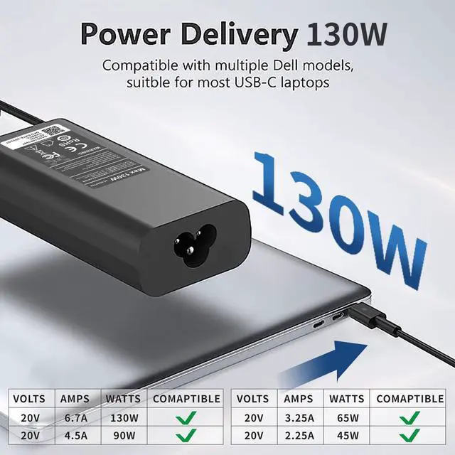 Alt view image 2 of 7 - Ftenlyen Replacement for Dell 130W Laptop Charger USB C Type C AC Adapter for Dell XPS 15 9500 9530 9700 9520 9575 7590 Precision 5570 5550 5750 5760 3560 Latitude 7210 7310 7410 9410 9510 5420 5520