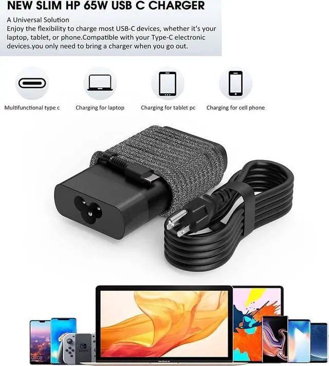 Alt view image 4 of 7 - LNOCCIY New Slim 65W USB C Travel Laptop Power Adapter AC Adapter for HP Chromebook Charger Replacement with HP Spectre x360 Charger EliteBook x360 ProBook Elite x2 Split x2 Travel Laptop Charger