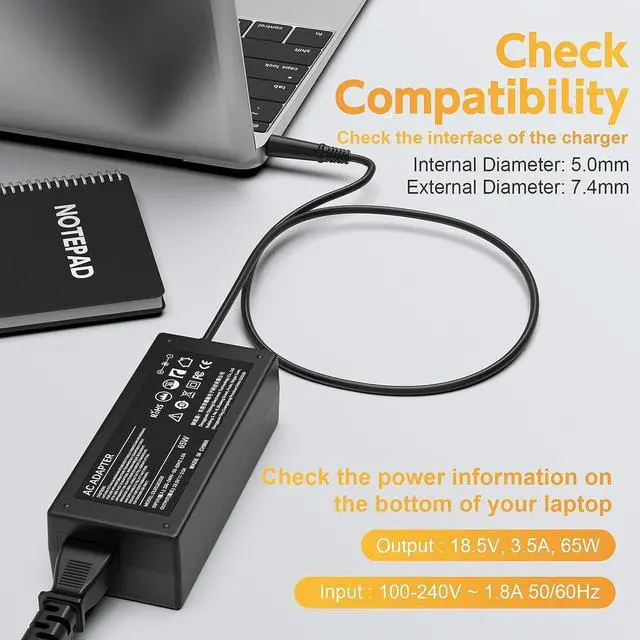 Alt view image 2 of 7 - 65W Laptop Charger AC/DC Adapter for HP Pavilion G4 G6 G7 M6 DM4 DV4 DV5 DV6 G60 G61 G72; EliteBook 2540p 2560p 2570p 2730p 2740p Power Supply Cord