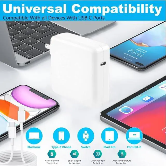 Alt view image 5 of 7 - Mac Book Pro Charger - 96W USB-C Fast Charger for MacBook MacBook Air  Galaxy iPad Pro & More - 6 ft USB-C Cable Included