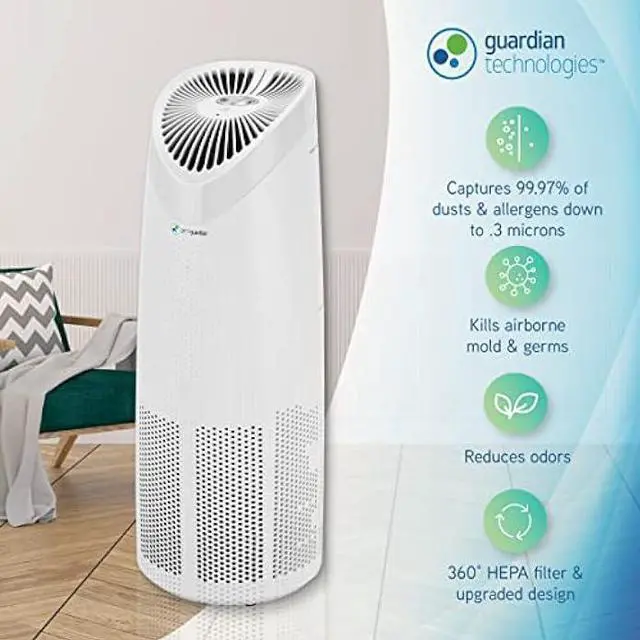Alt view image 2 of 7 - GermGuardian Air Purifier with HEPA Filter,Removes 99.97% of Pollutants,Covers Large Room up to 750 Sq. Foot Room in 1 Hr,UV-C Light Helps Reduce Germs,Zero Ozone Verified,22',White,AC4625WDLX