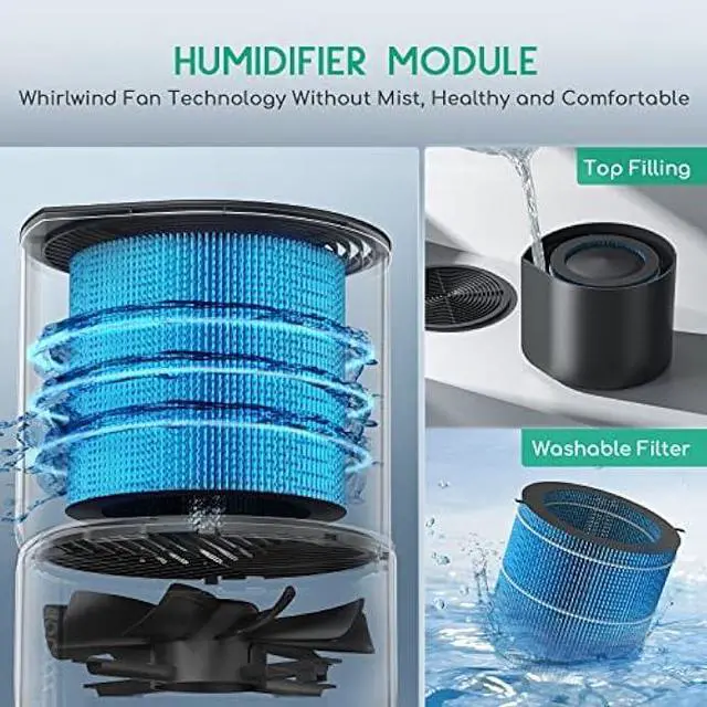 Alt view image 6 of 6 - Air Purifier with Humidifier Combo, 2 in 1 Afloia HEPA H13 3-Stage Filters for Bedroom Pets Hair Smoker Odors, Evaporative Humidifier, Auto Shut Off, Quiet Air Cleaner with Seven Color Light, Black