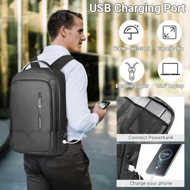 Alt view image 2 of 7 - Slim Backpack for Men,15.6 Inch Laptop Backpack,Waterproof Lightweight Anti-theft Expandable Travel Computer Backpack Laptop Bag for Men Women with USB Charging Port,Business Backpack for Work College