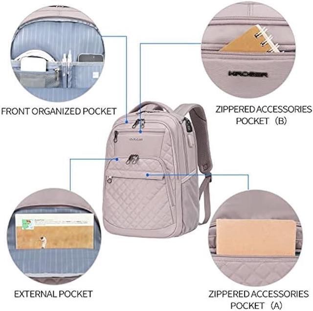 Alt view image 2 of 6 - KROSER Travel Laptop Backpack 17 Inch Large Computer Backpack Water-Repellent Daypack with USB Charging Port & Headphone Interface RFID Pockets for Work/Business/College/Men/Women Dusty Pink(Quilted)