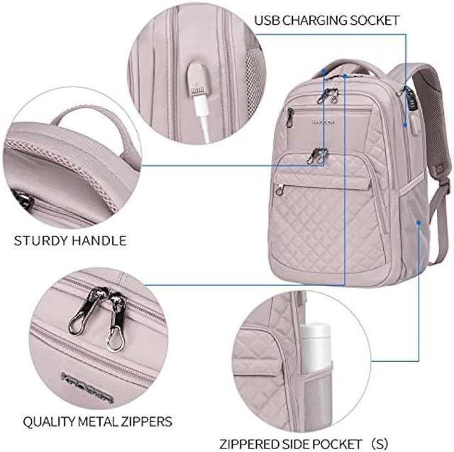 Alt view image 3 of 6 - KROSER Travel Laptop Backpack 17 Inch Large Computer Backpack Water-Repellent Daypack with USB Charging Port & Headphone Interface RFID Pockets for Work/Business/College/Men/Women Dusty Pink(Quilted)